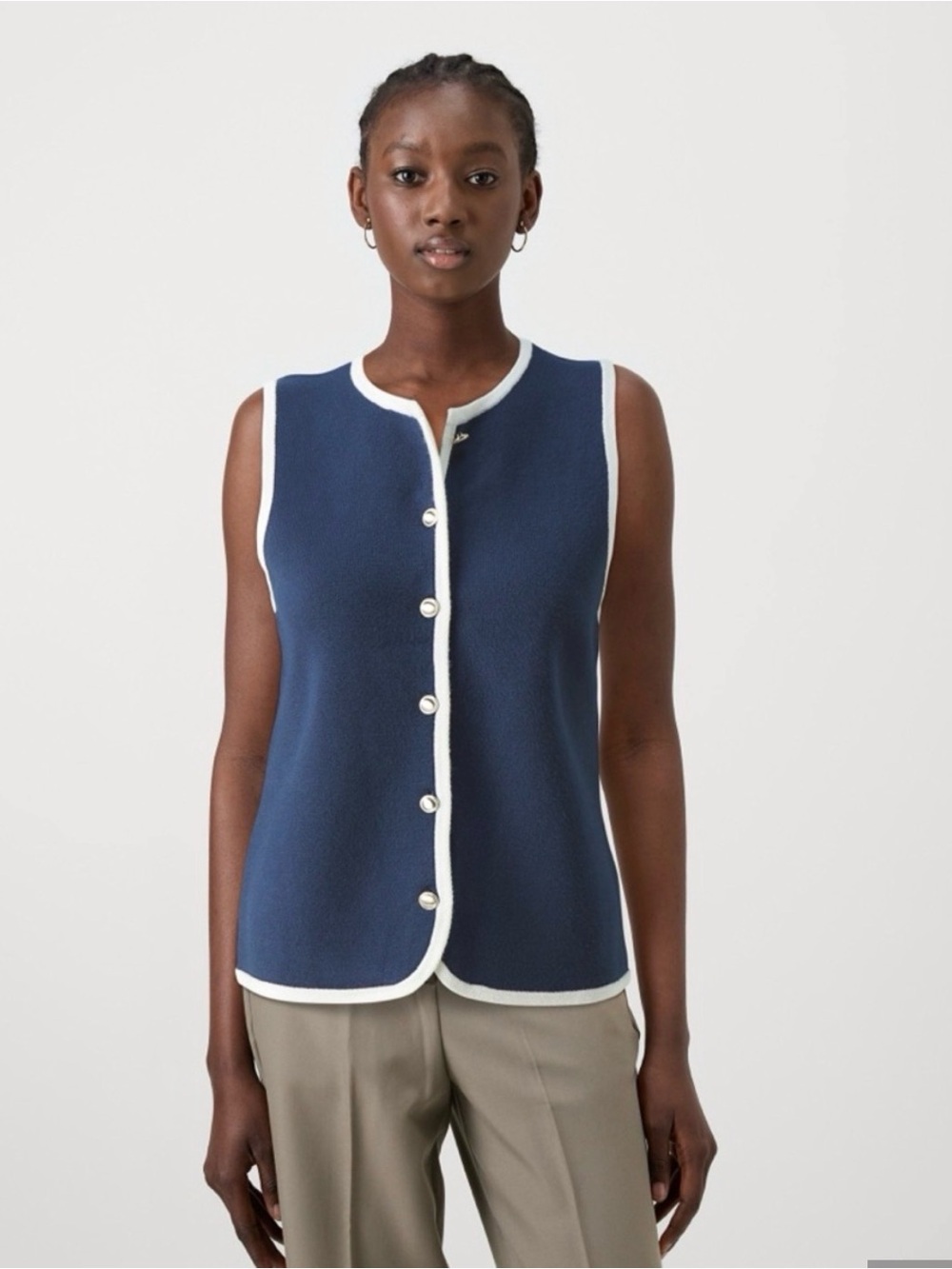 Abercrombie & Fitch Navy Sleeveless Button-Front Knit with White Trim